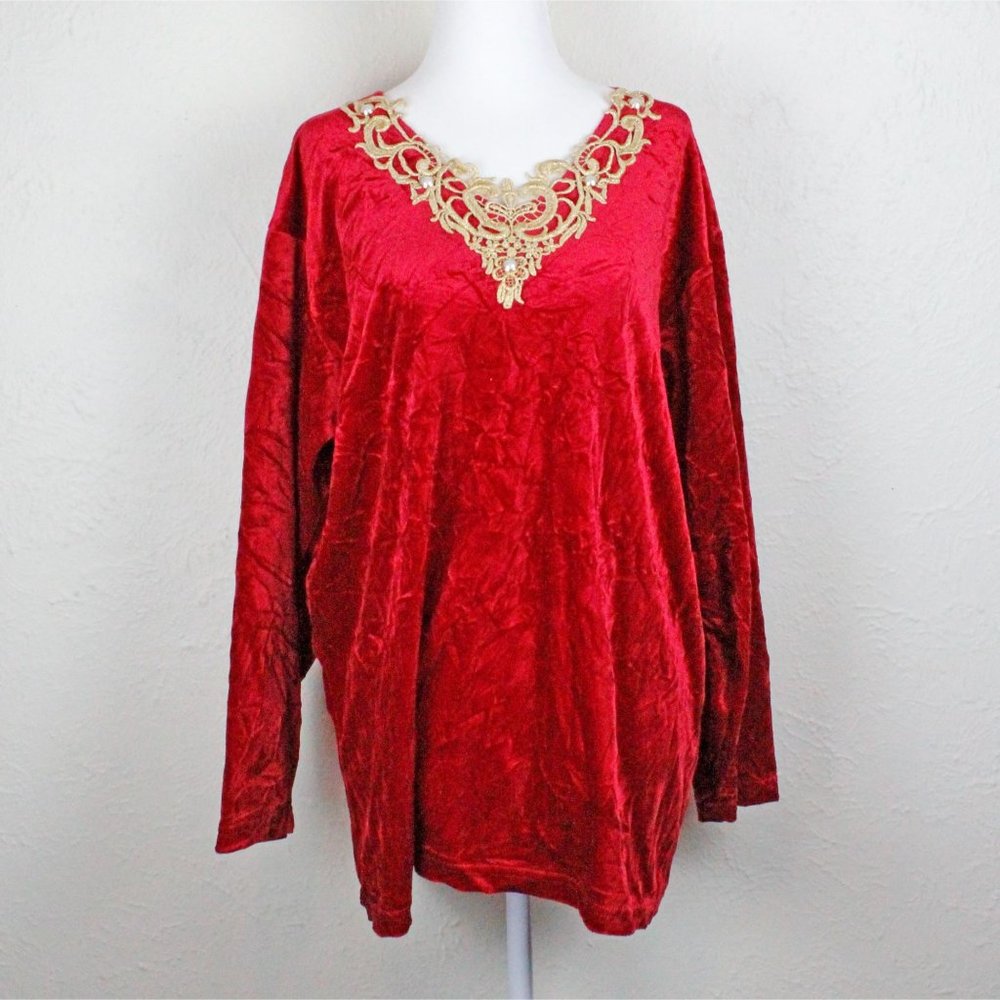 Susan Christopher vintage 80s crushed red velvet blouse gold brocade neckline L